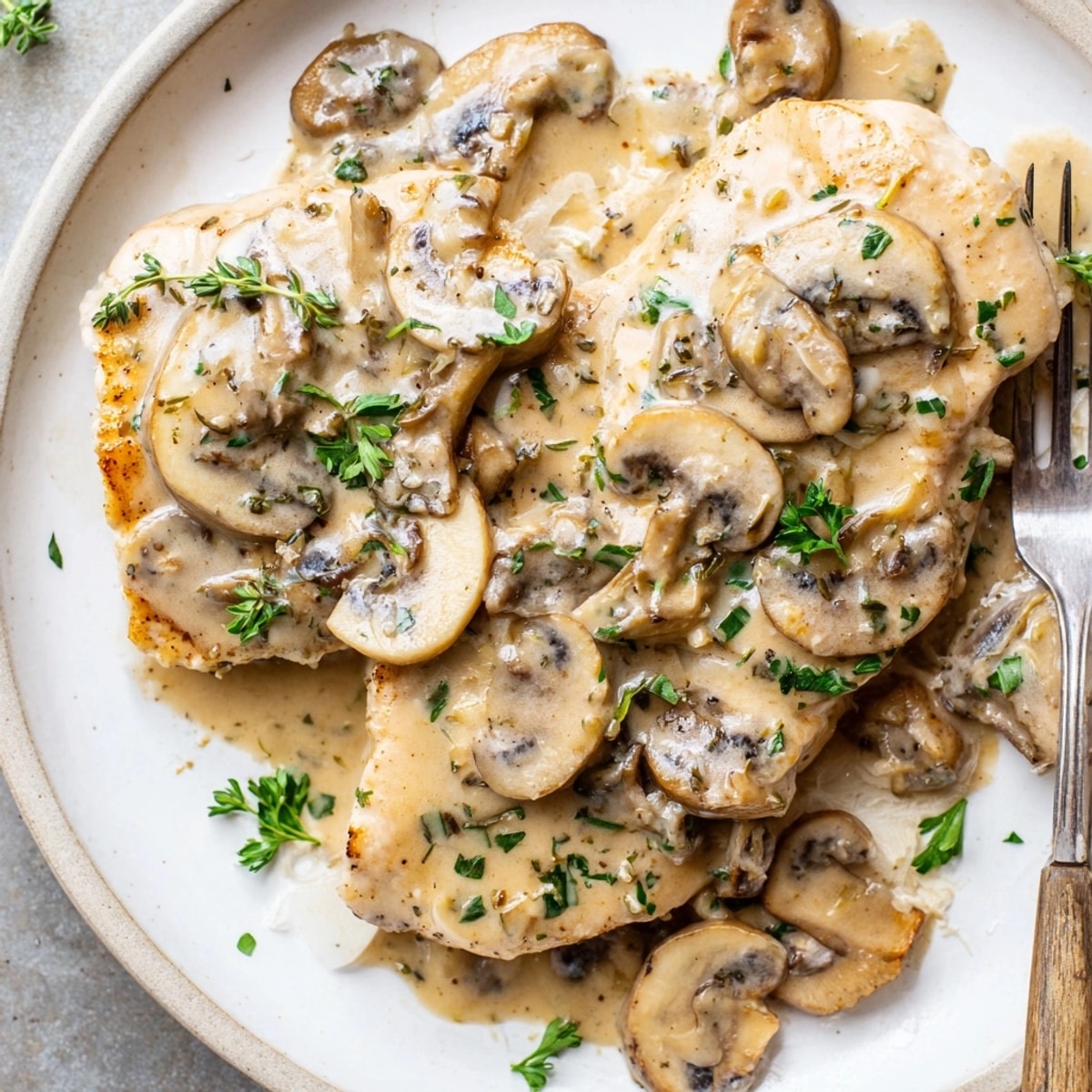 Creamy Garlic Mushroom Chicken simmers in a skillet; a comforting, savory weeknight dish.