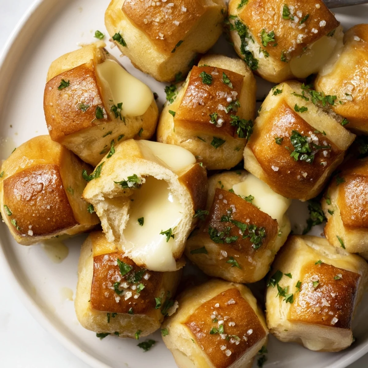 Freshly baked pretzel bites, oozing with cheese and brushed in garlic butter.  