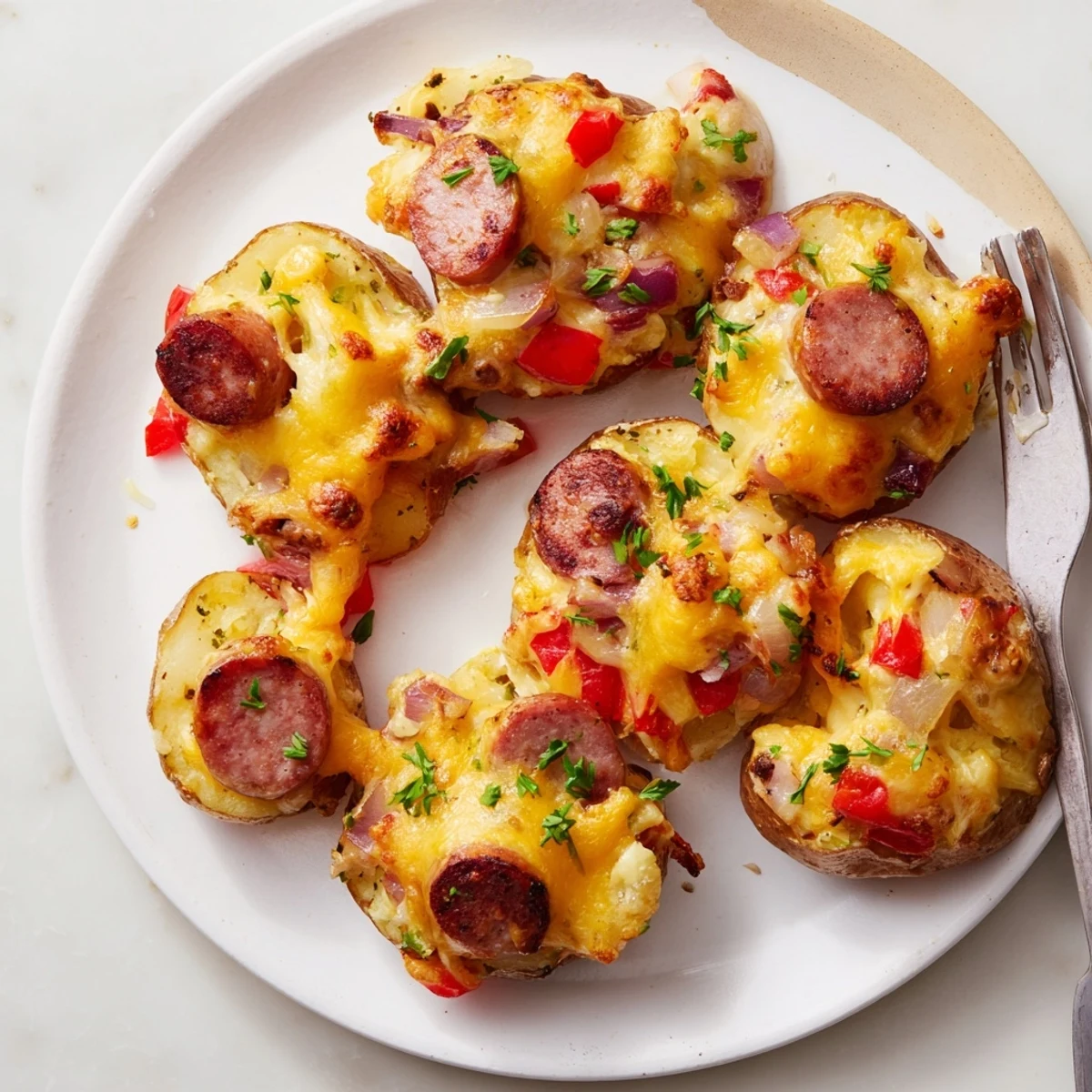 Golden One-Pan Cheesy Sausage and Potatoes bubbling with melted cheddar cheese.  
