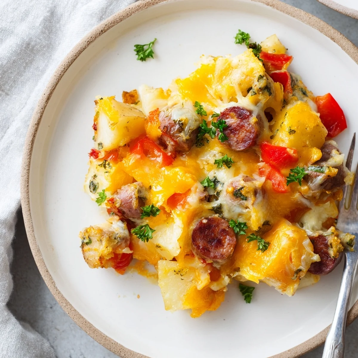 Savory One-Pan Cheesy Sausage and Potatoes served hot, garnished with fresh parsley.  