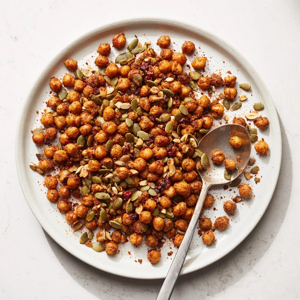 Crispy Spicy Chickpea Snack Mix garnished with seeds and colorful dried cranberries.  