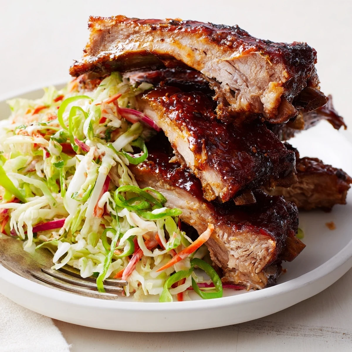Juicy pork ribs in rich BBQ sauce, served alongside zesty cabbage slaw mix.  