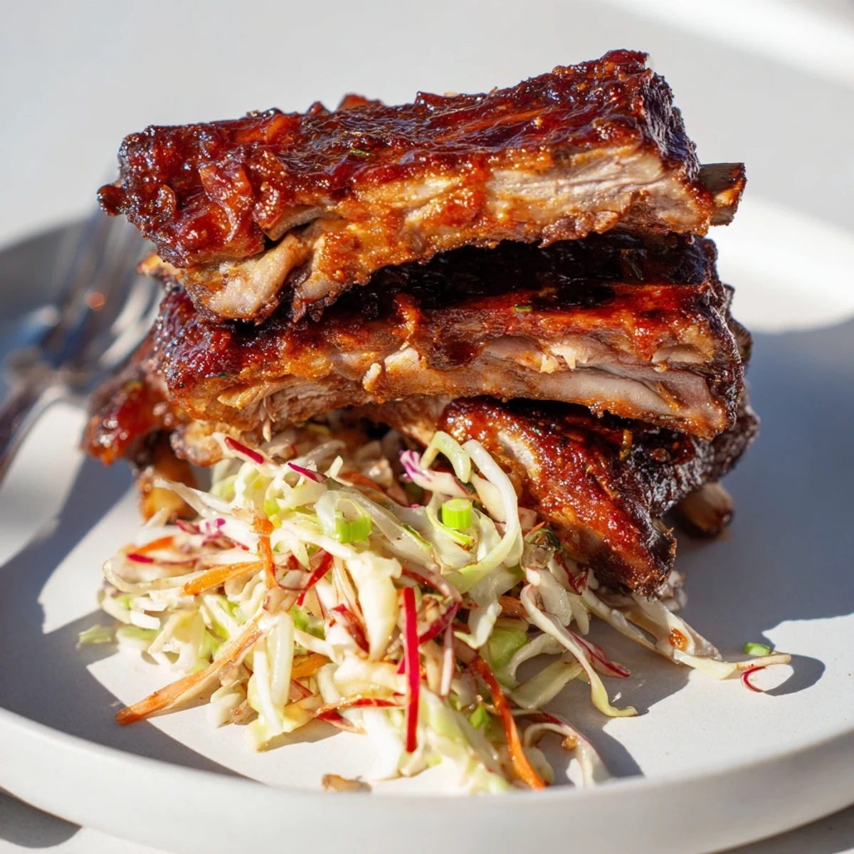 Fall-off-the-bone Slow Cooker BBQ Ribs garnished with vibrant, crunchy slaw for texture.