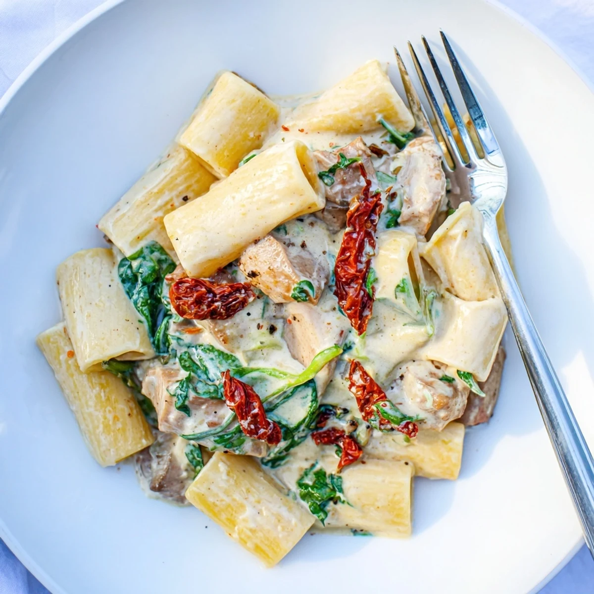 One-Pot Creamy Tuscan Chicken Pasta with sun-dried tomatoes and a rich cream sauce.  