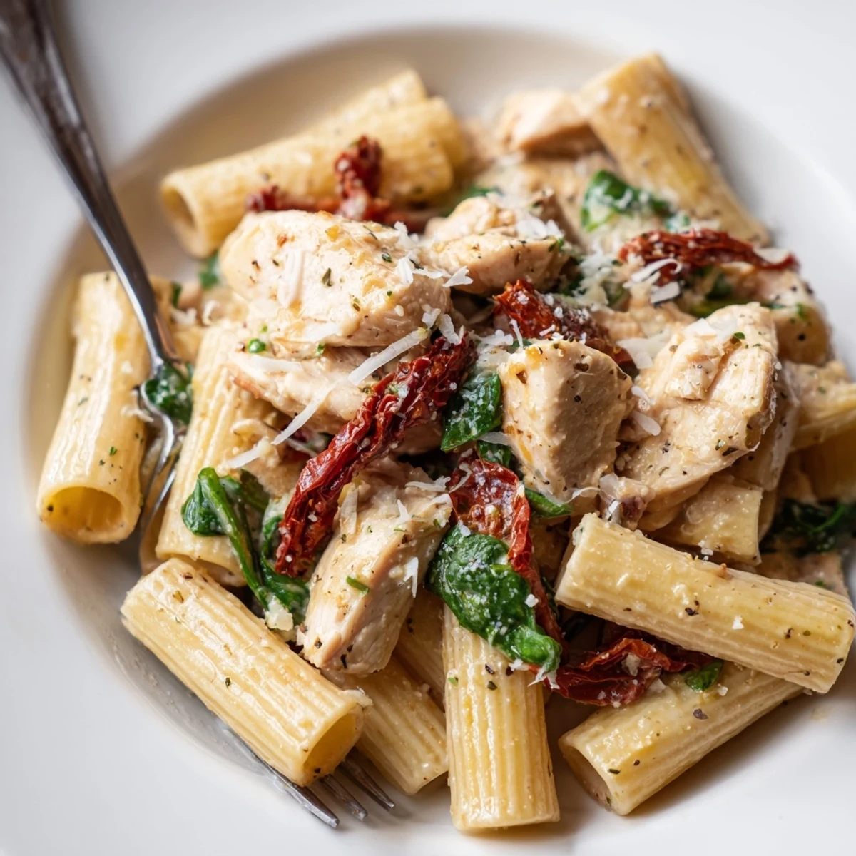 Creamy Tuscan Chicken Pasta served in a bowl, garnished with fresh spinach and herbs.  