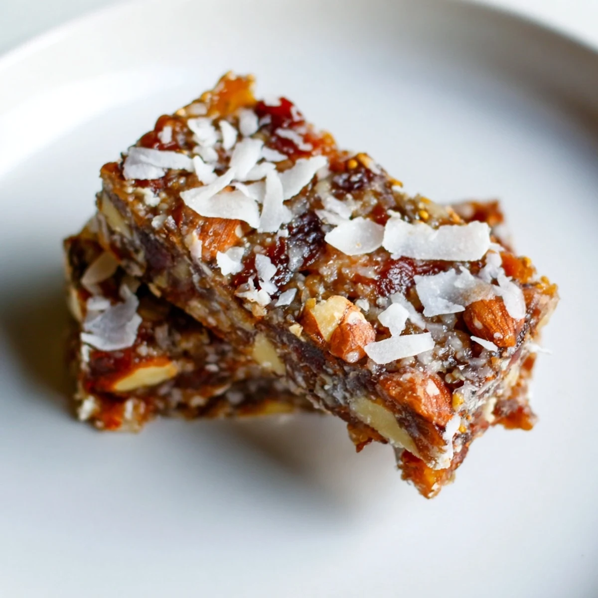 Chewy no-bake coconut date bars topped with shredded coconut for a healthy treat.  