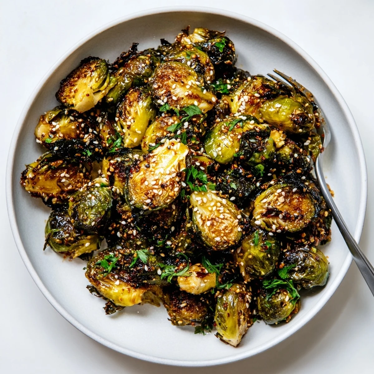 Crispy Spicy Honey Glazed Brussels Sprouts, roasted to golden perfection garnished with sesame seeds.  