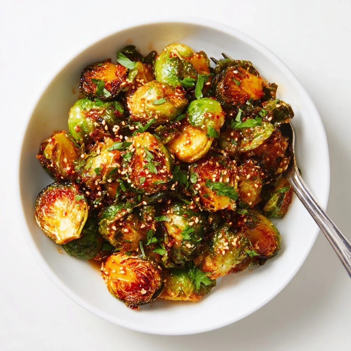 Sweet and tangy Spicy Honey Glazed Brussels Sprouts, a vibrant side dish ready to impress.  