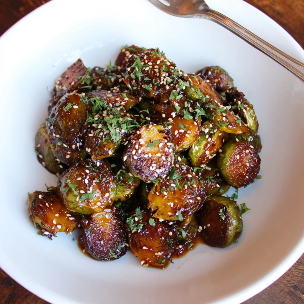 Roasted Spicy Honey Glazed Brussels Sprouts drizzled with sauce, a flavorful vegetarian favorite!