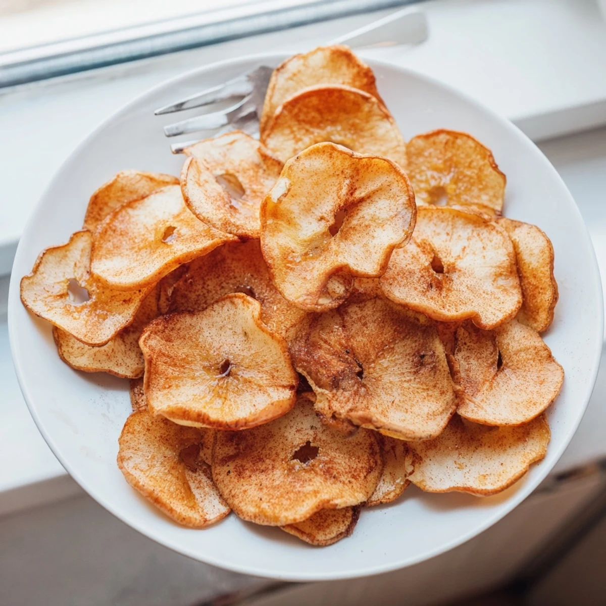 Crispy honey drizzled cinnamon apple chips served as a healthy snack.  