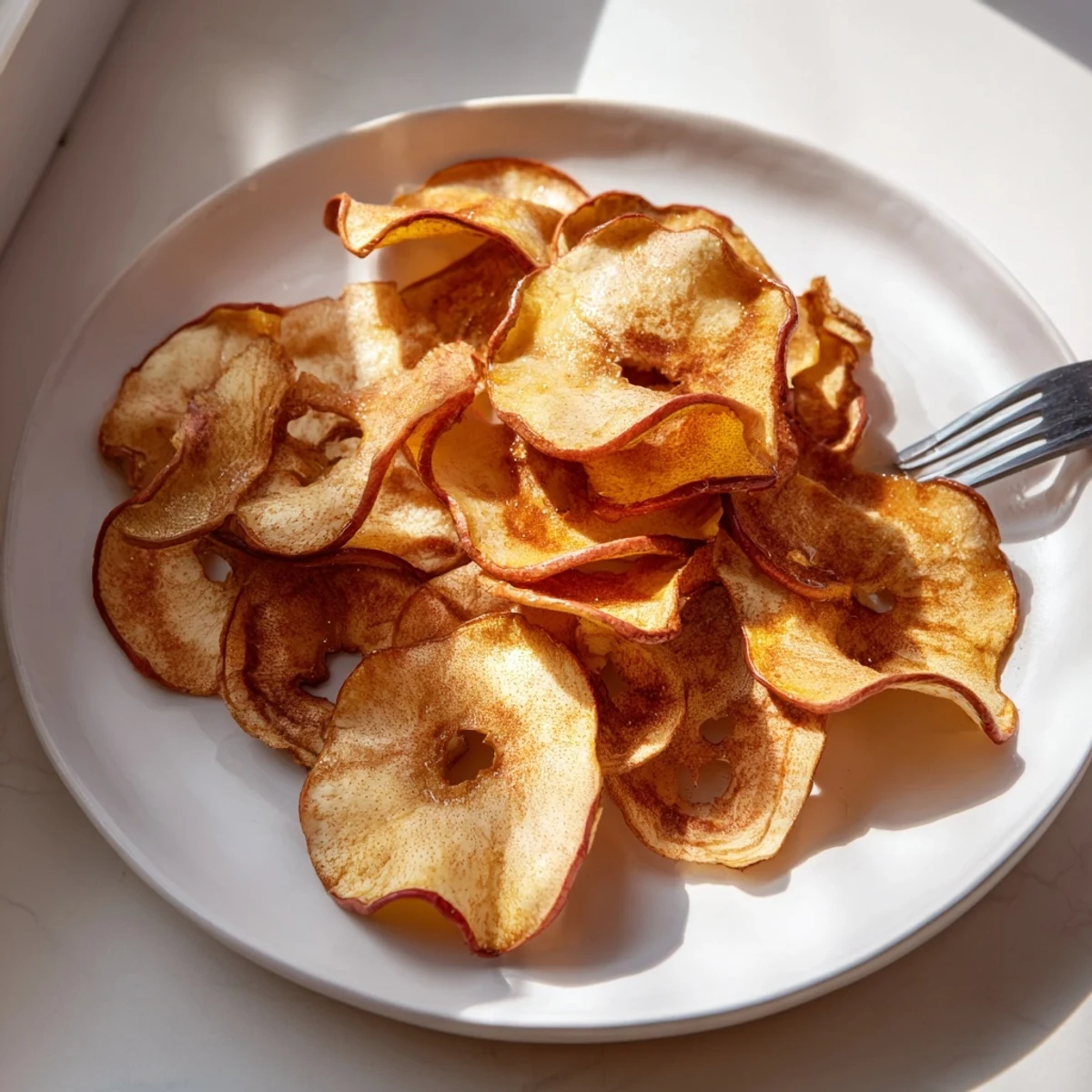 Golden brown apple chips sprinkled with cinnamon, topped with sweet honey drizzle.  