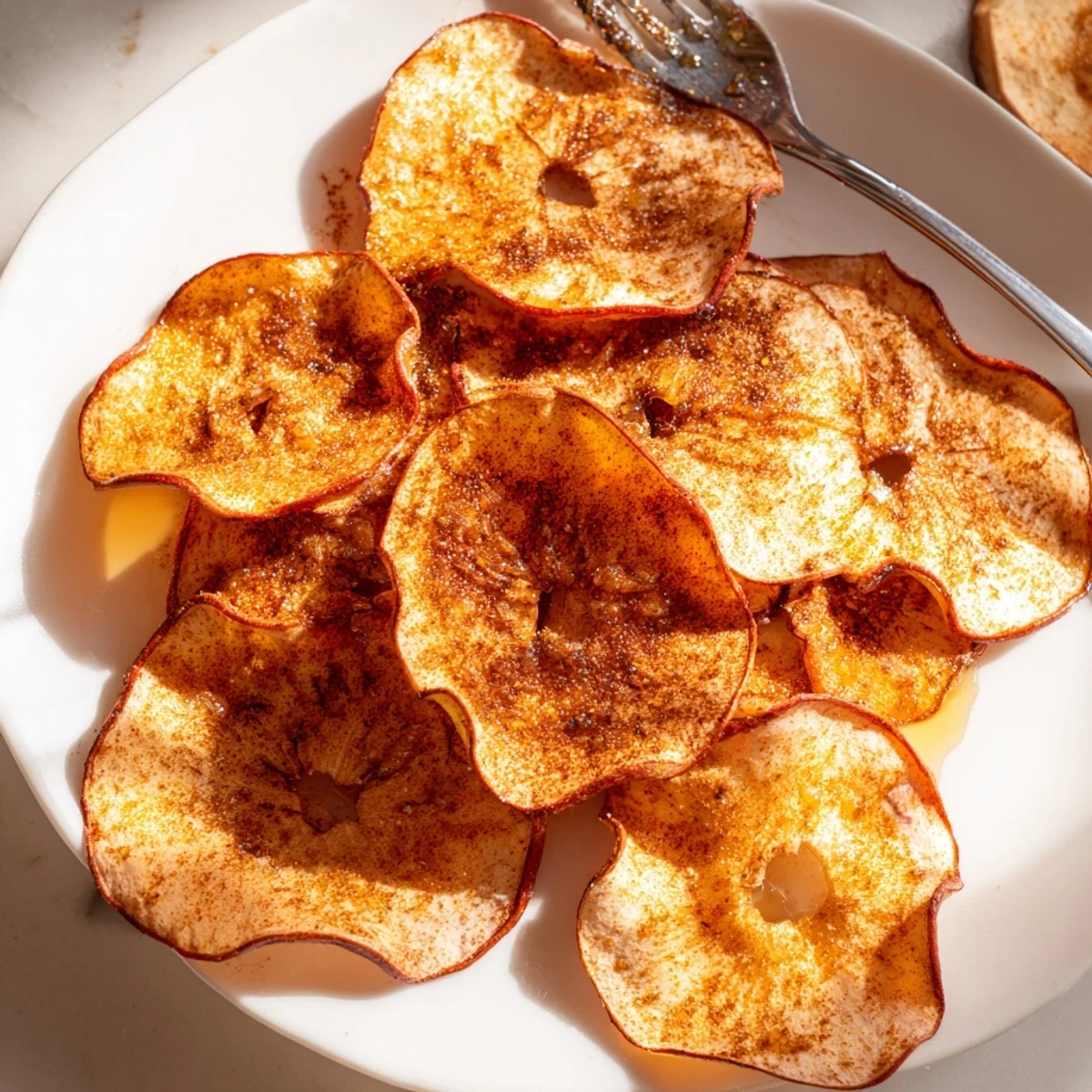Delicious homemade apple chips coated in cinnamon and finished with warm honey.