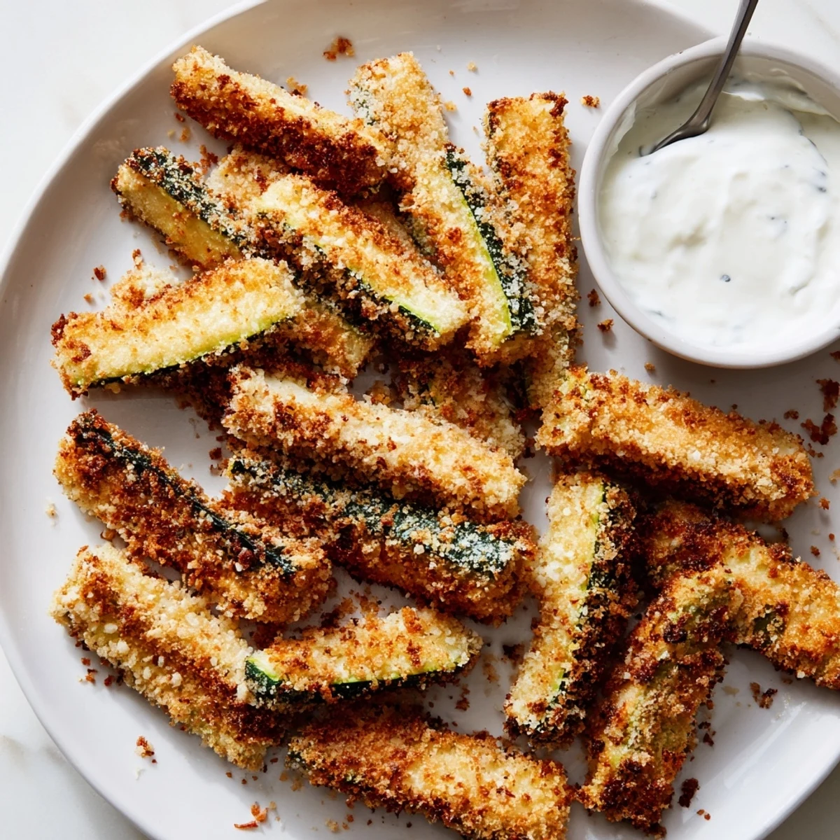 Golden crispy baked zucchini fries served with creamy dipping sauce, perfect for snacks.  