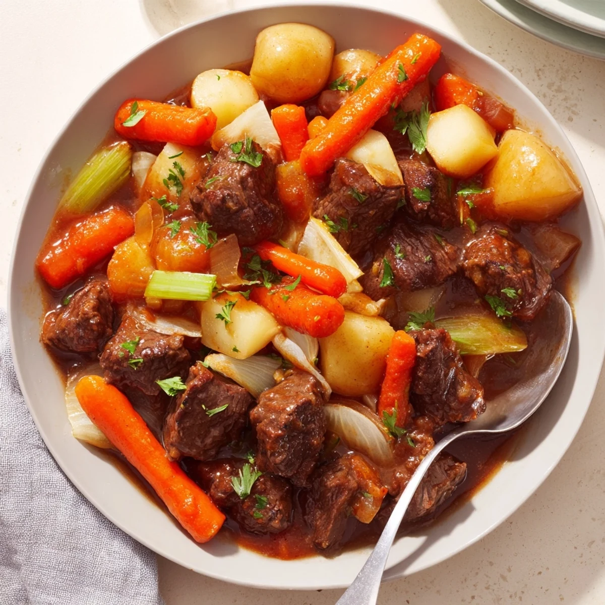 Hearty Beef and Vegetable Casserole topped with fresh parsley and served steaming hot.  