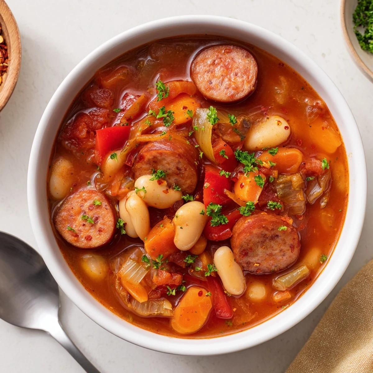 Hearty spicy sausage and bean stew simmering in rich tomato broth.