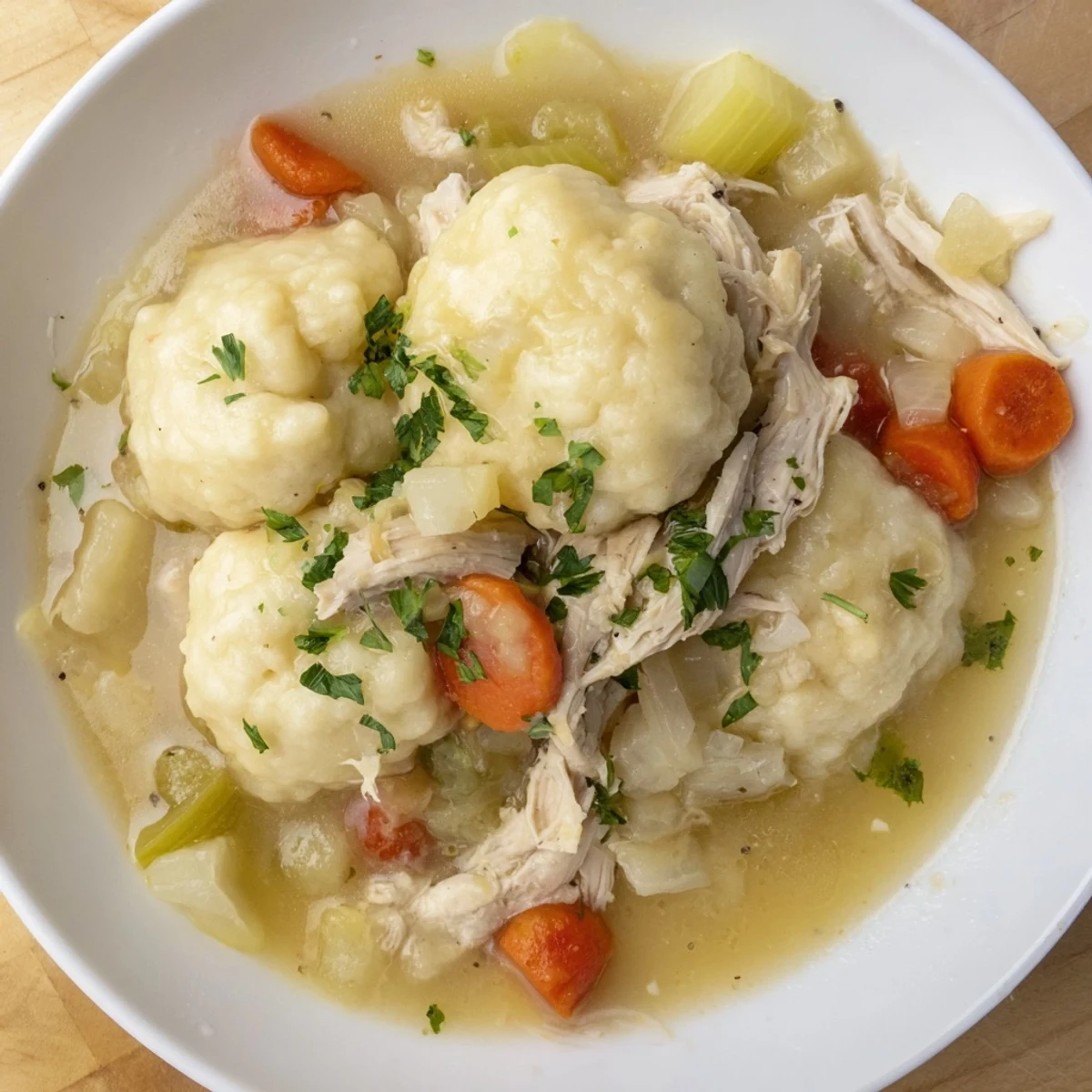 Classic Chicken and Dumplings simmered in a savory broth with fluffy, golden dumplings.