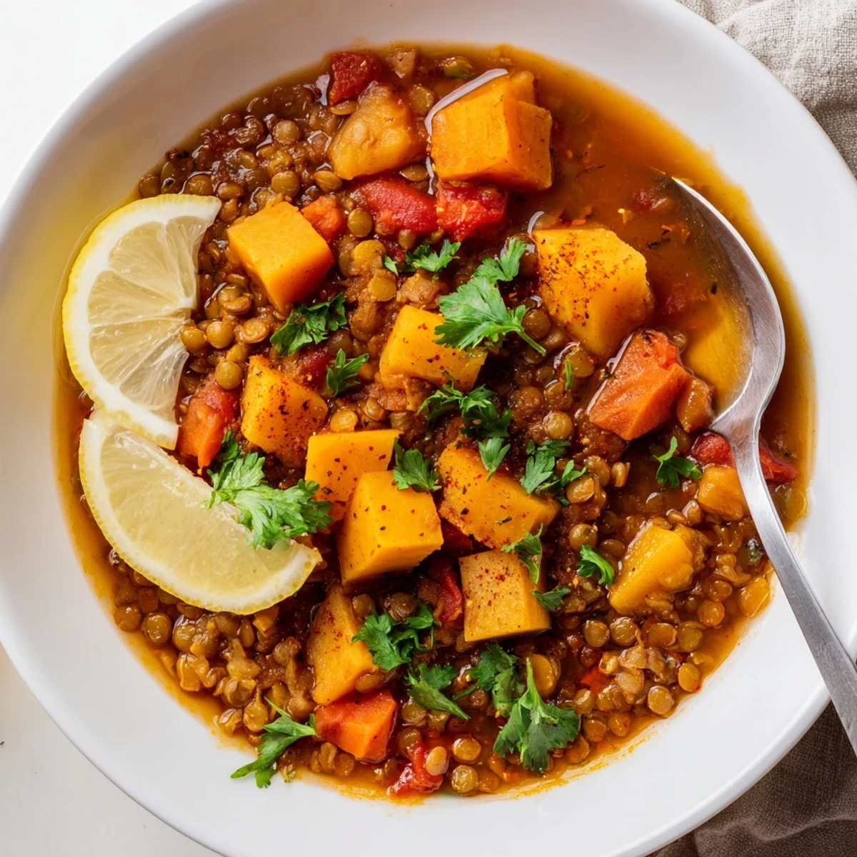 A steaming bowl of spiced butternut squash and lentil stew topped with fresh herbs.  
