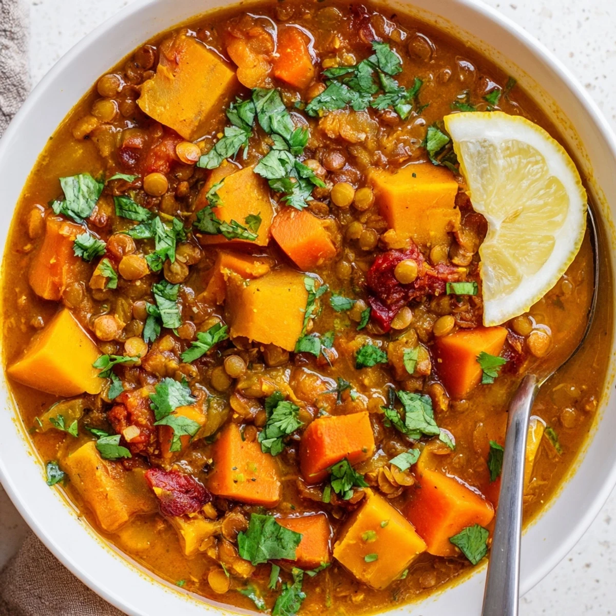 Hearty spiced butternut squash and lentil stew, perfect for chilly evenings, garnished with lemon.  
