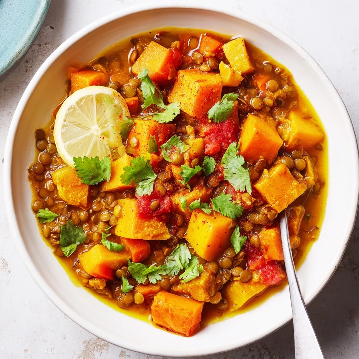 Colorful spiced butternut squash and lentil stew simmered to perfection in a cozy kitchen.