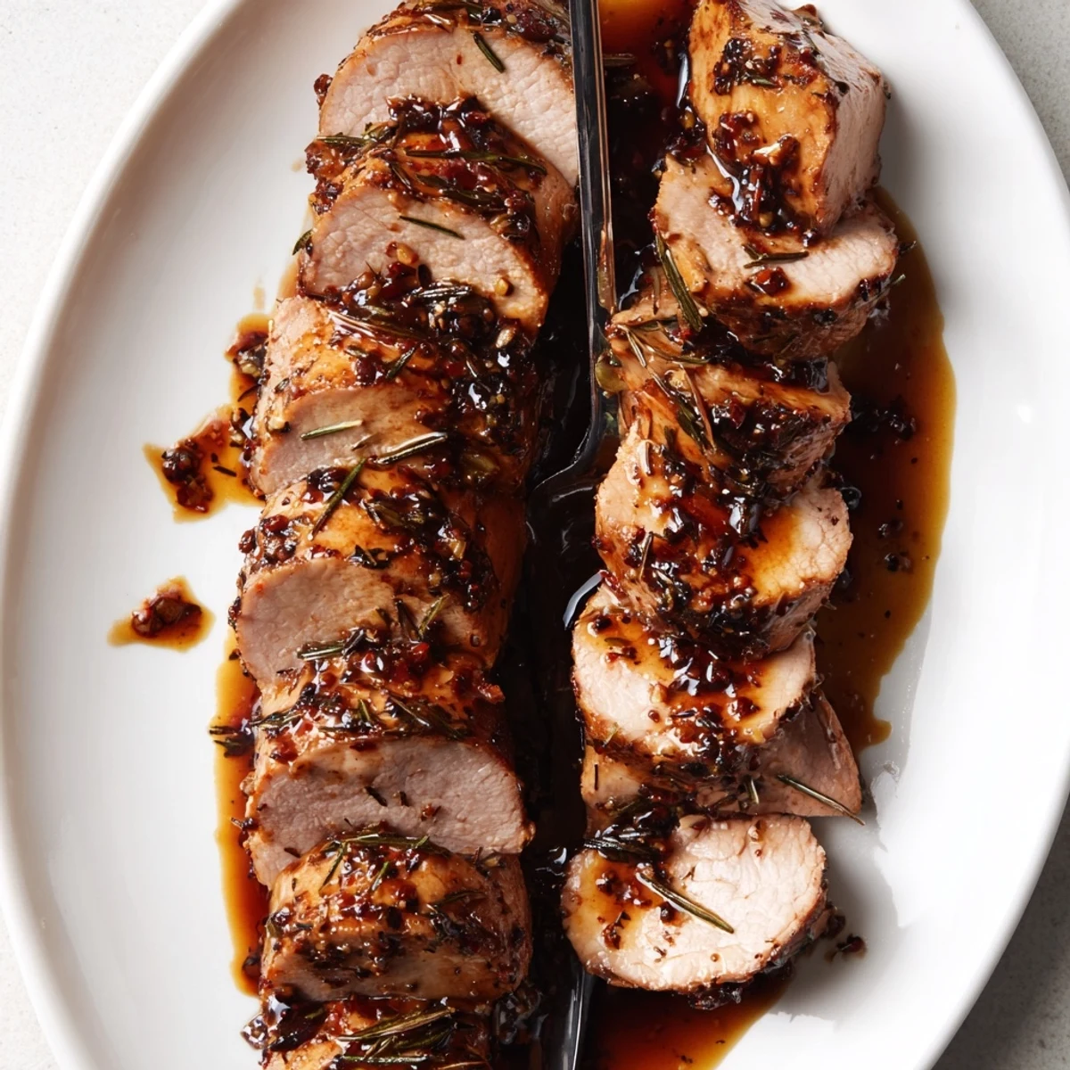 Succulent balsamic glazed pork tenderloin, served with vibrant roasted vegetables.  
