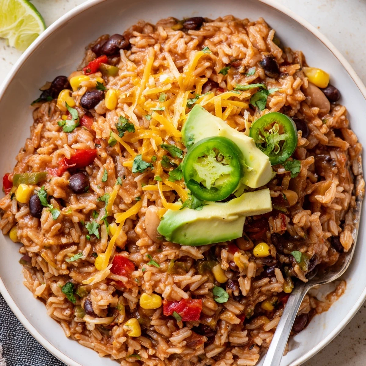 Vibrant One-Pan Mexican Rice and Beans, showcasing colorful veggies and spices simmering together.  
