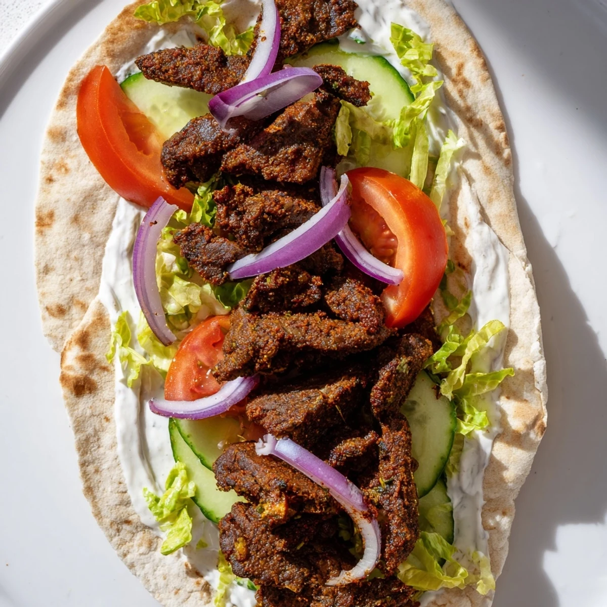 Beef Shawarma Wraps with a creamy yogurt sauce, served open with vibrant, fresh vegetables.