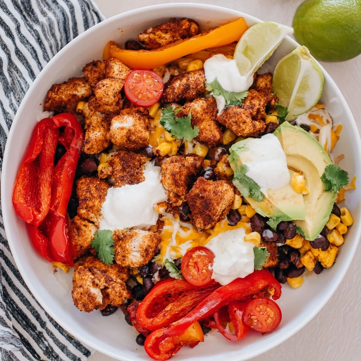 Sheet Pan Chicken Burrito Bowls, sizzling with roasted vegetables and seasoned chicken, ready to serve.