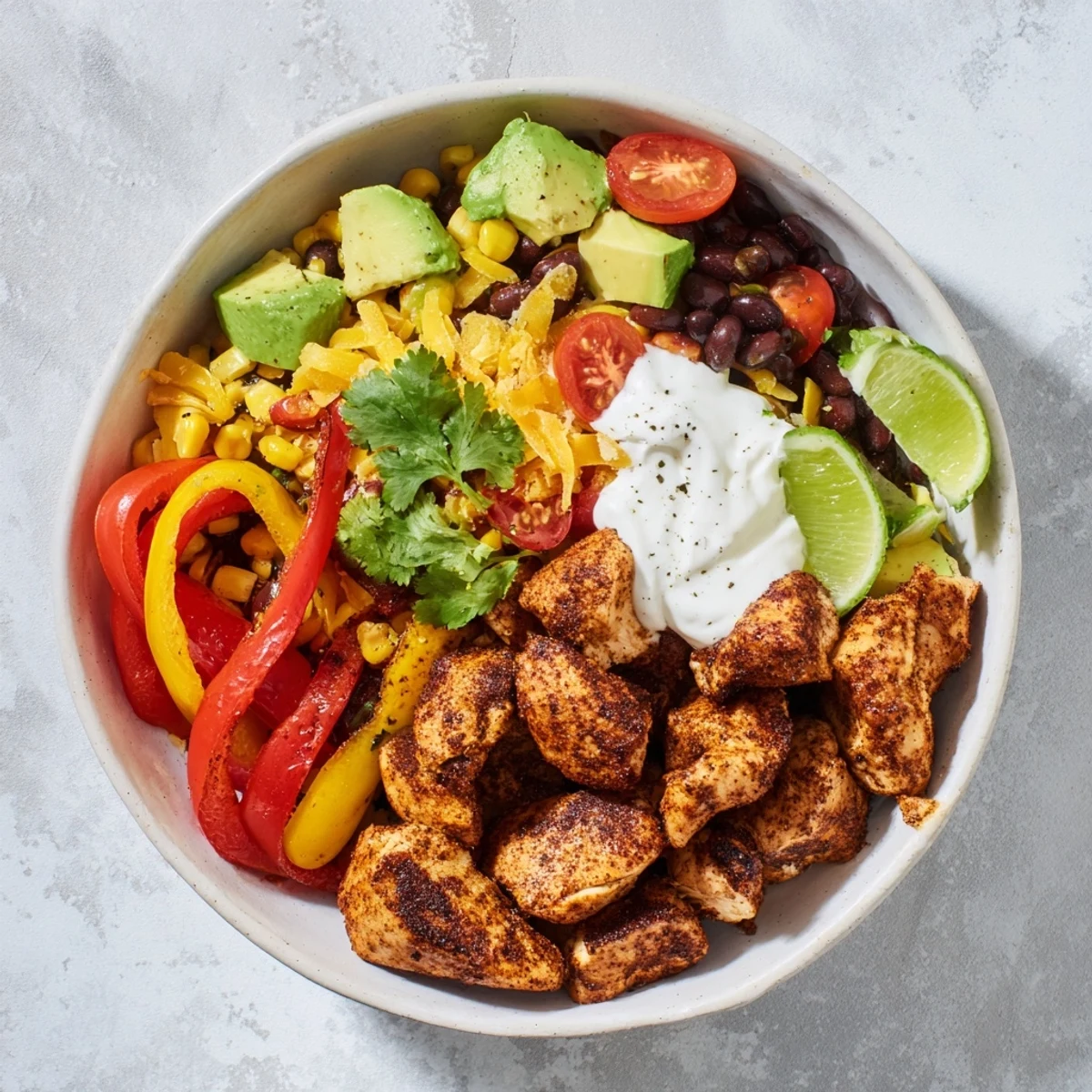 A colorful photo of Sheet Pan Chicken Burrito Bowls piled high with fresh toppings and flavorful ingredients.