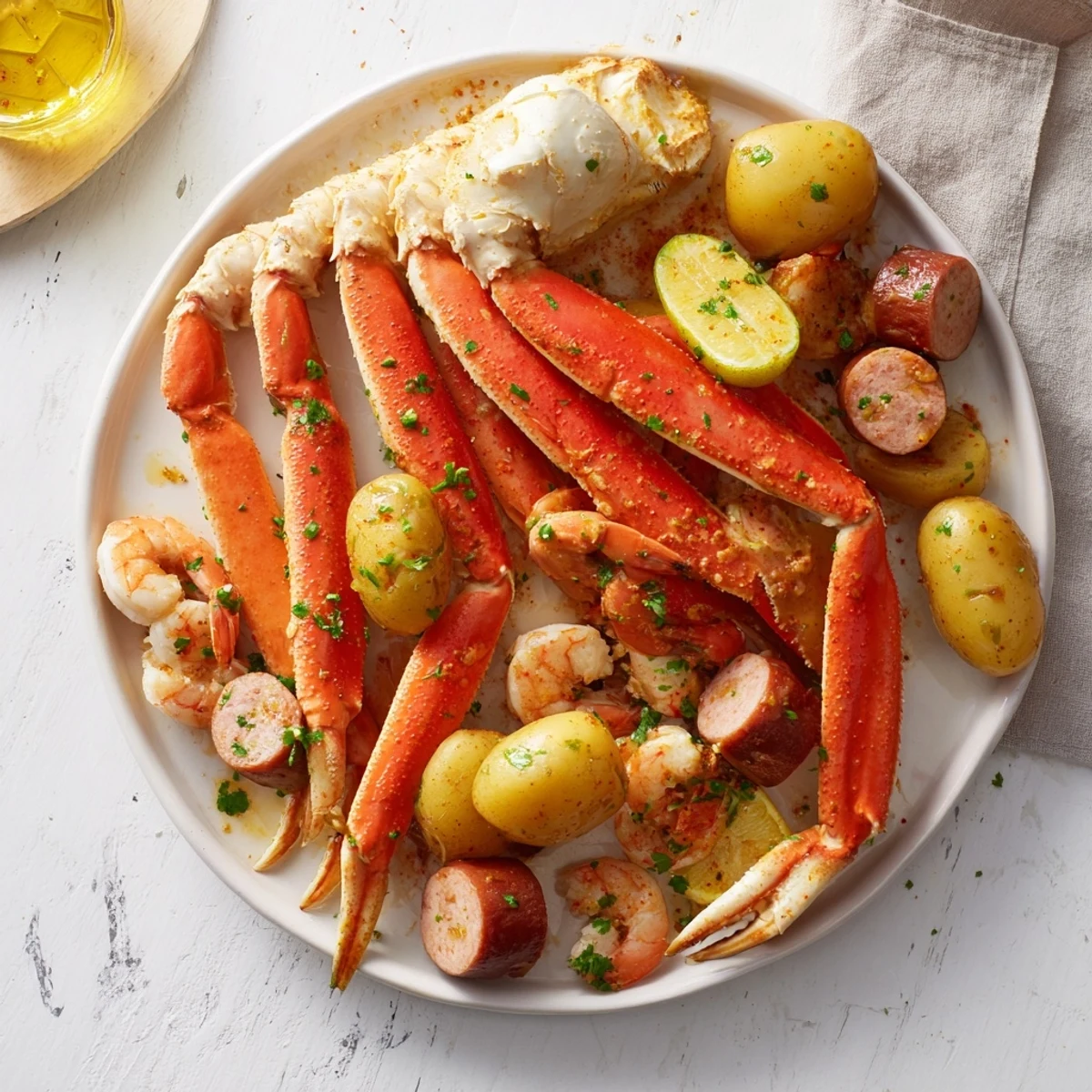 Steaming seafood boil with crab, shrimp, sausage, and corn ready to serve with melted butter.