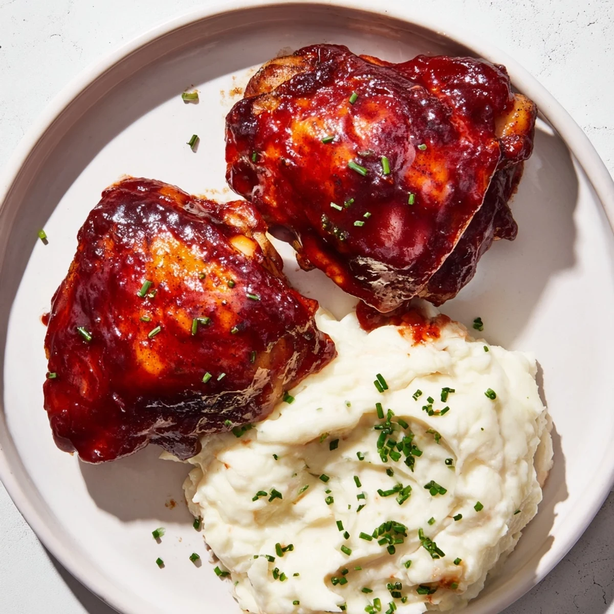 Golden honey BBQ Chicken Thighs glistening with sauce, served with creamy garlic mashed potatoes, very inviting.