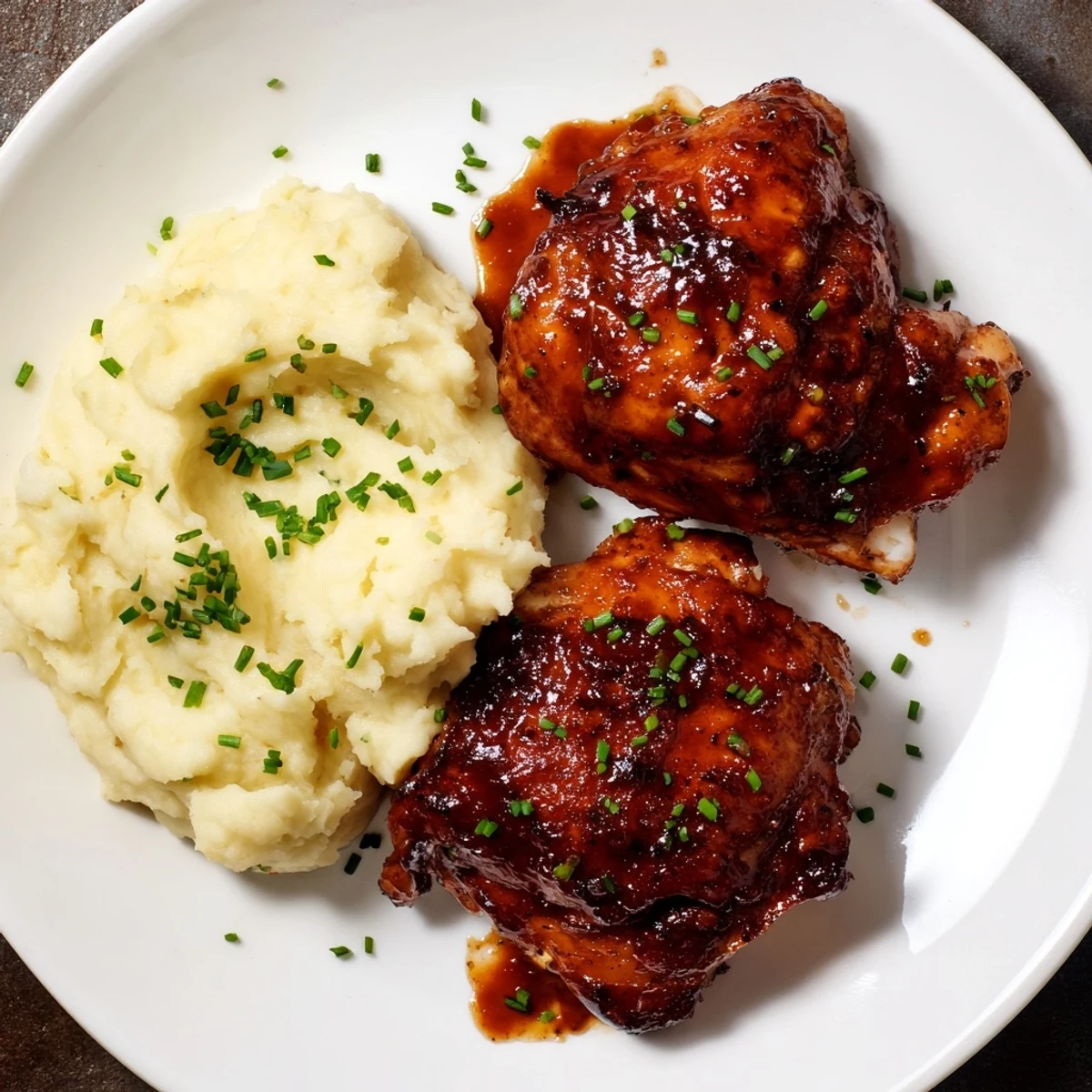 Juicy baked honey BBQ Chicken Thighs, perfectly coated in a sweet glaze, beside fluffy, flavorful mashed potatoes.