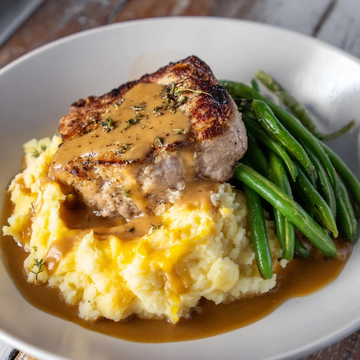 Golden-brown pork chops resting on a bed of creamy cheddar mashed potatoes, a Pork Chops & Cheddar Mash Bowl.