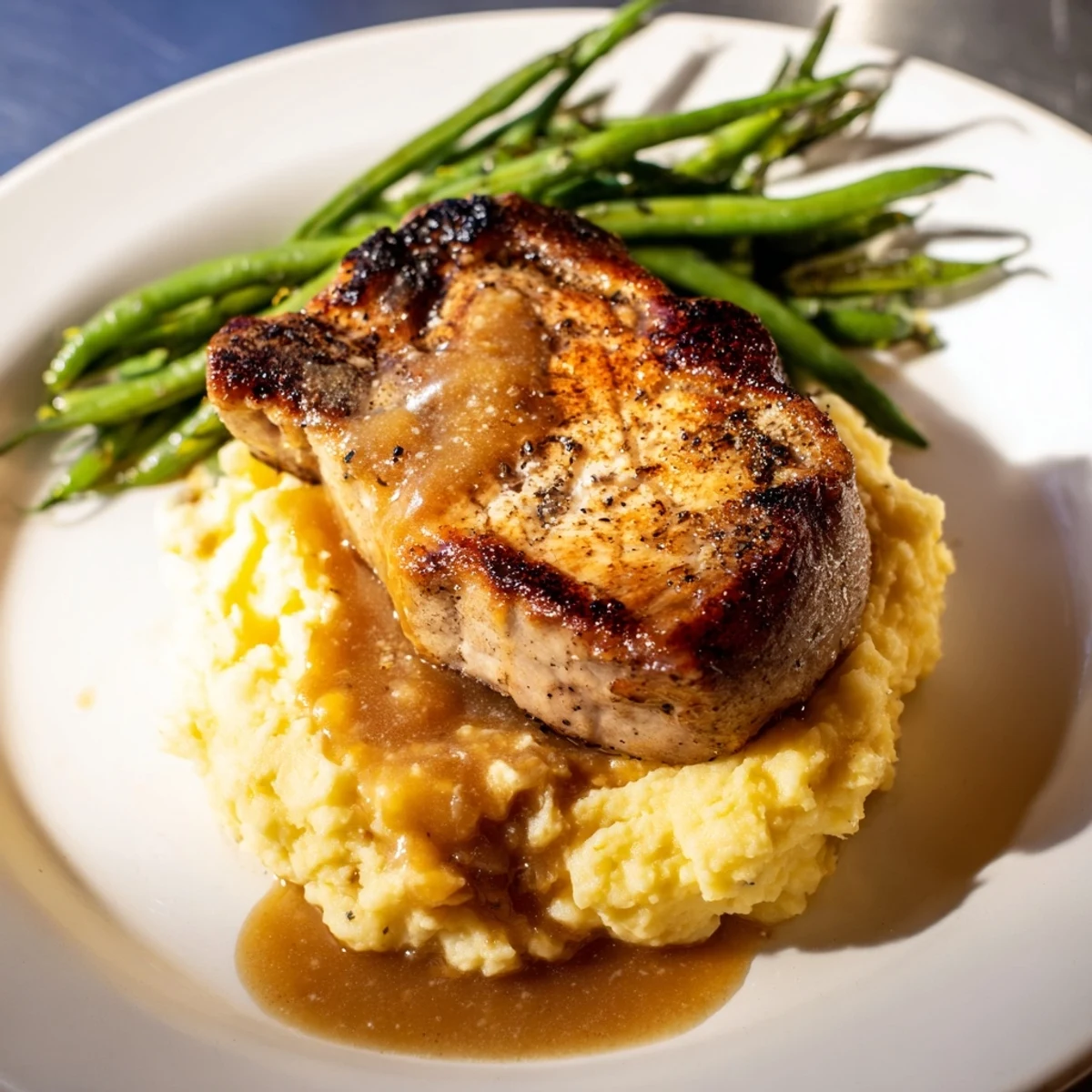 A comforting Pork Chops & Cheddar Mash Bowl shows juicy pork chops covered in savory gravy and green beans.