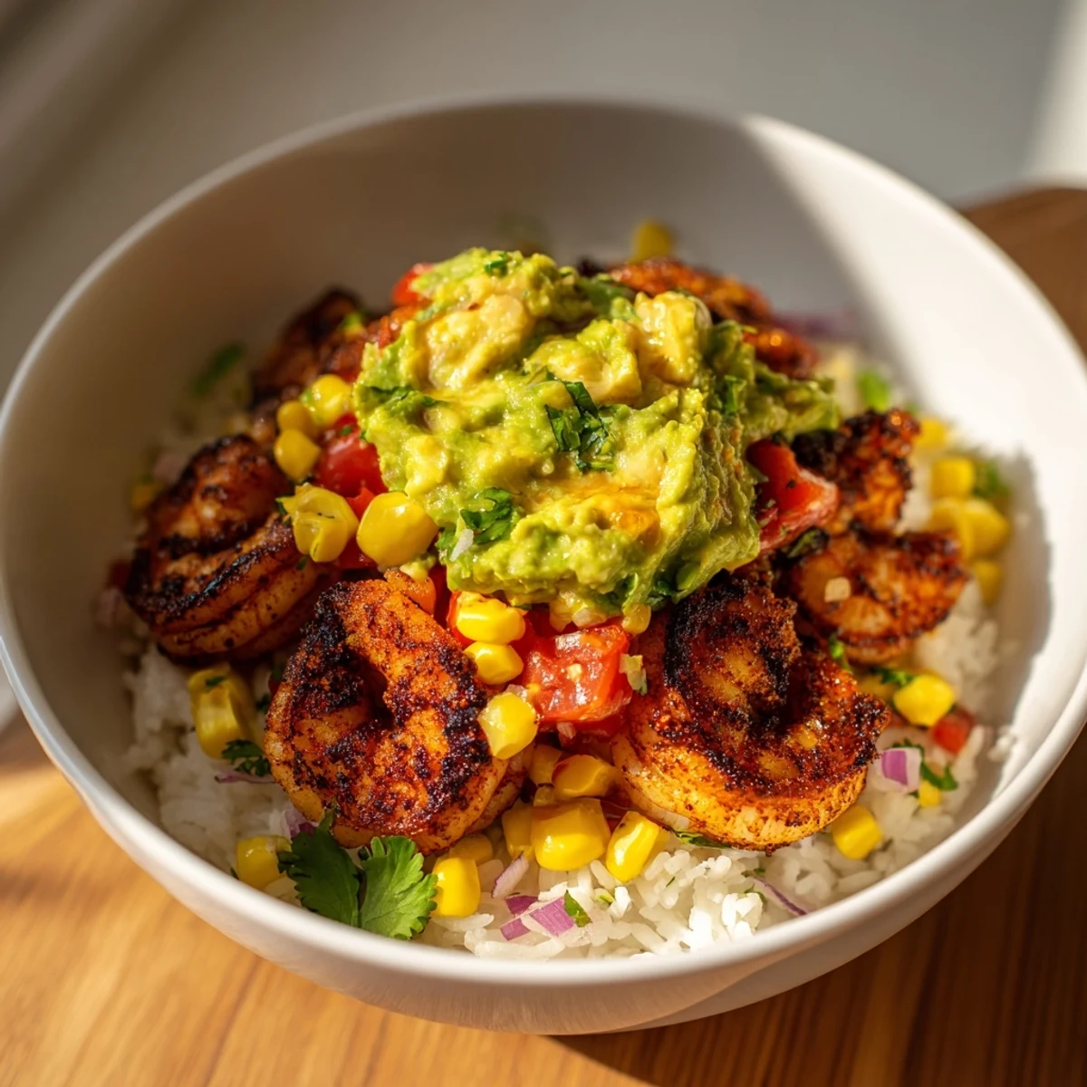 Spicy Blackened Shrimp Bowl with vibrant avocado salsa, a delicious and healthy Southwestern meal.