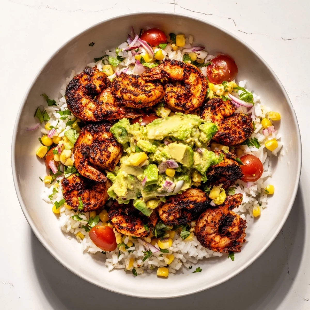 Golden-brown blackened shrimp nestled on rice, topped with fresh avocado corn salsa for this flavorful bowl.