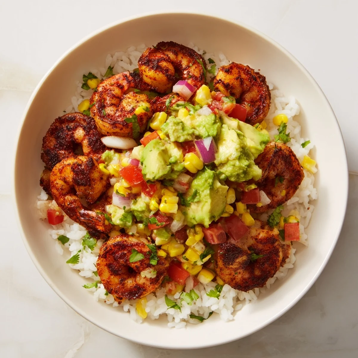 This Blackened Shrimp Bowl showcases perfectly cooked shrimp alongside creamy avocado and sweet corn.