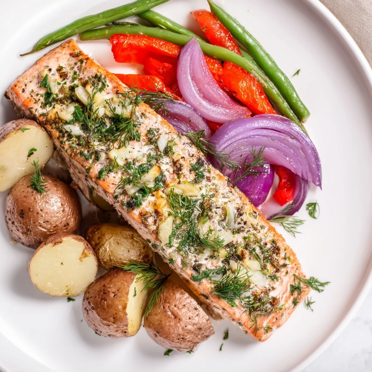 A flavorful sheet pan of Lemon Herb Salmon with vibrant vegetables and a bright lemon glaze.