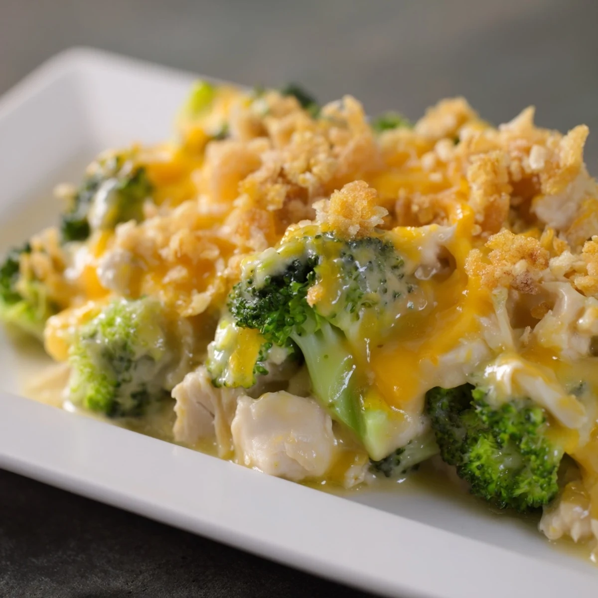 Golden, bubbly Chicken & Broccoli Cheddar Bake, a comforting casserole with melted cheese and crisp topping.