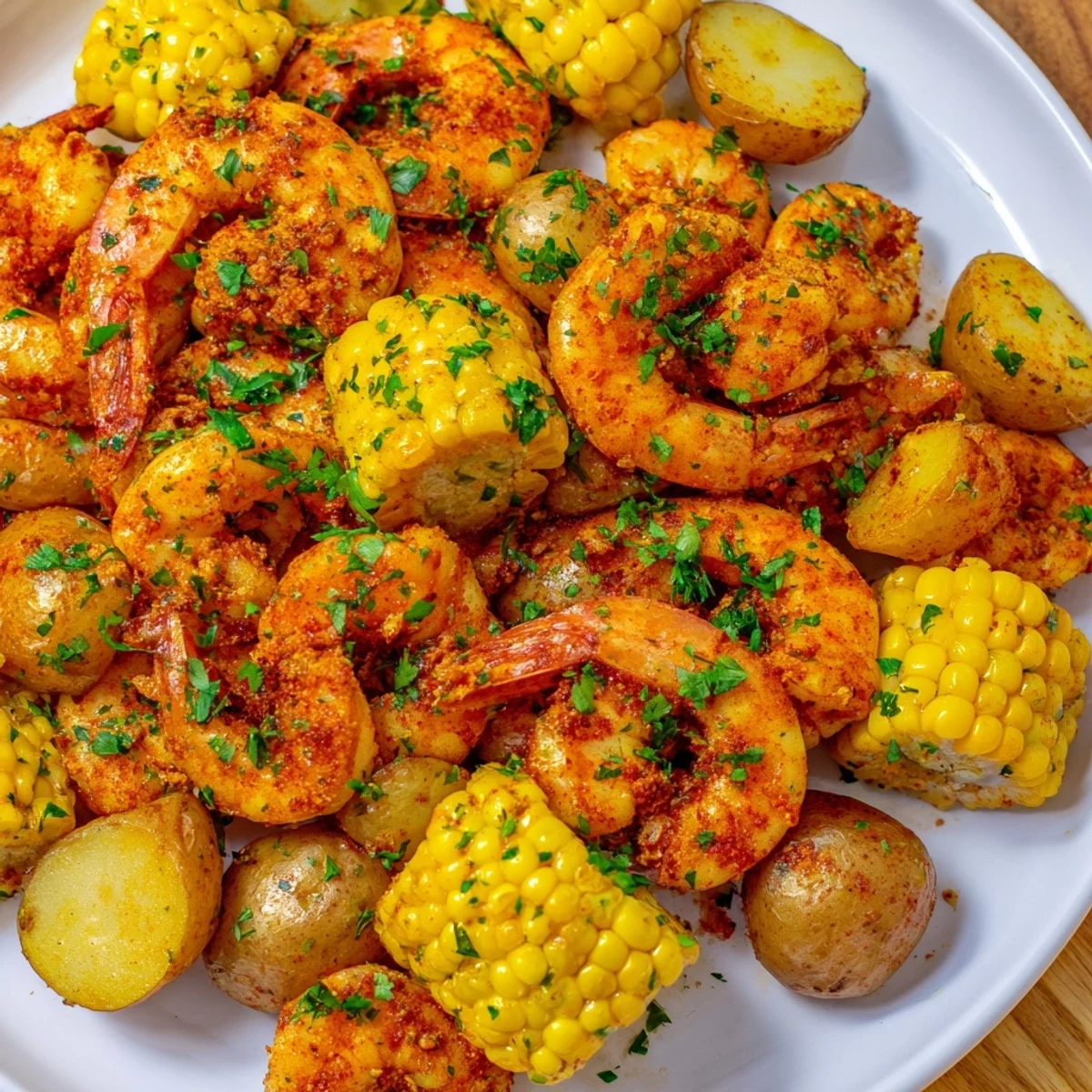Golden brown Cajun shrimp and sweet corn platter, a flavorful, easy weeknight dinner idea.