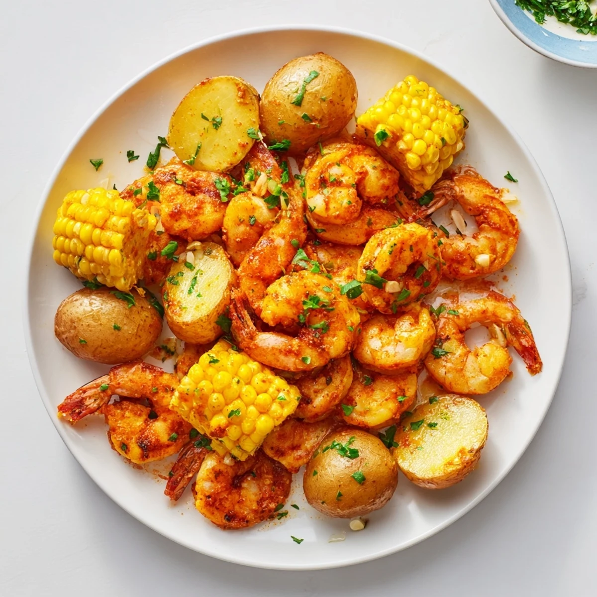Sizzling Cajun shrimp, sweet corn, and roasted potatoes—a colorful platter for a summer feast.