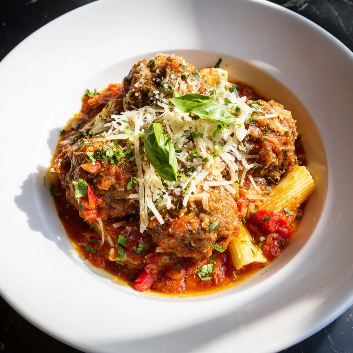 Steaming Italian Meatball Pasta Skillet, a family favorite bubbling with melted mozzarella and parmesan cheese.