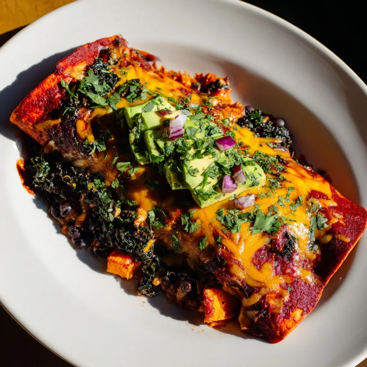 Golden, bubbly One-Pan Sweet Potato, Black Bean & Kale Enchiladas, a vegetarian delight, ready to serve.