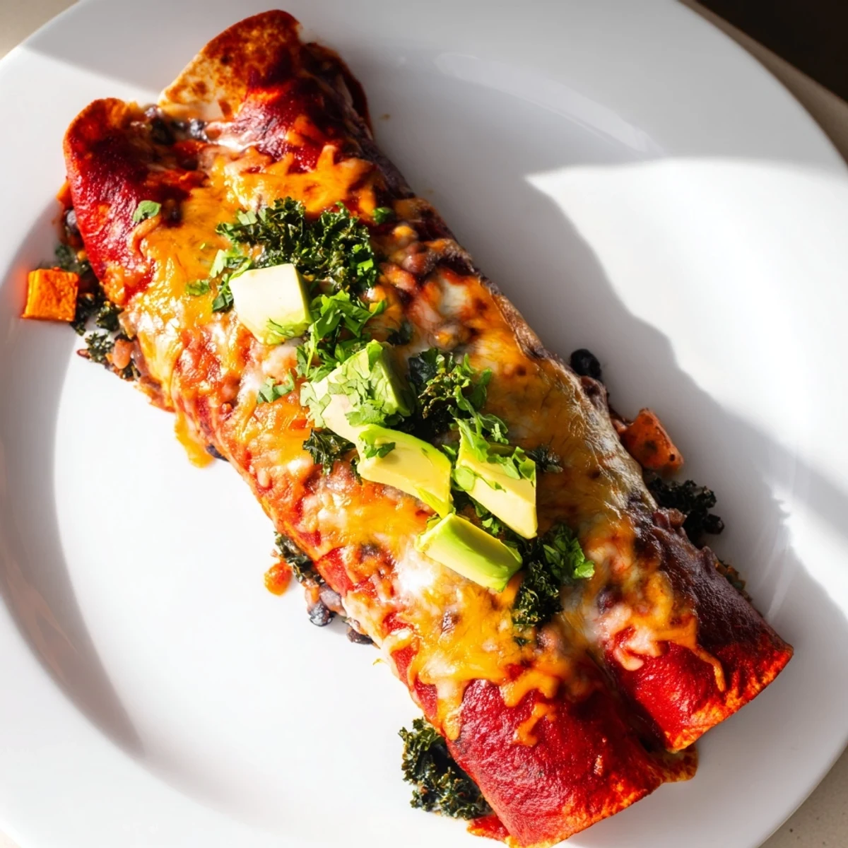 A close-up view of a pan of One-Pan Sweet Potato, Black Bean & Kale Enchiladas, cheesy and delicious.