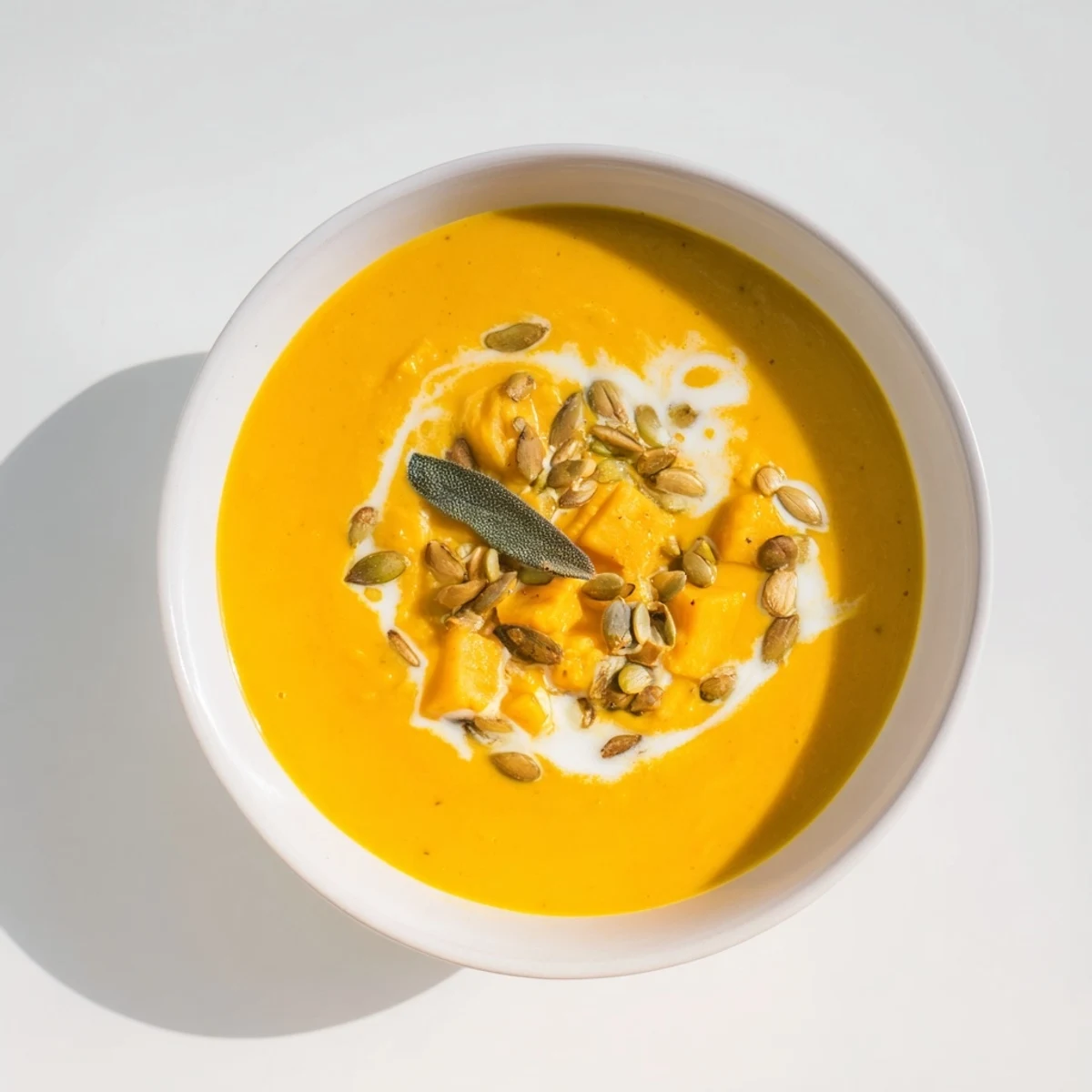 Creamy Chickpea, Pumpkin & Sage Soup, garnished with toasted pumpkin seeds, looks warm and inviting.