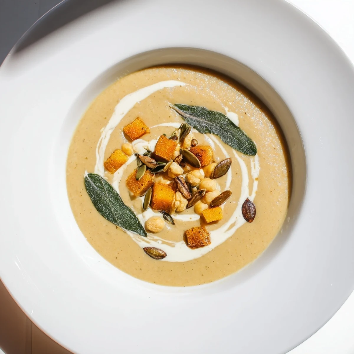 A bowl of hearty Chickpea, Pumpkin & Sage Soup boasts a vibrant orange hue and fresh sage garnish.
