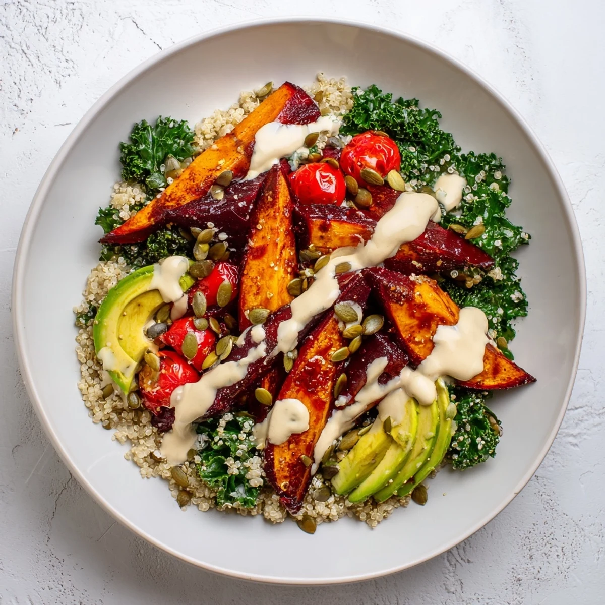 Fluffy quinoa, kale, and roasted beets make a vibrant Quinoa, Kale & Roasted Beet Bowl, drizzled with tahini.