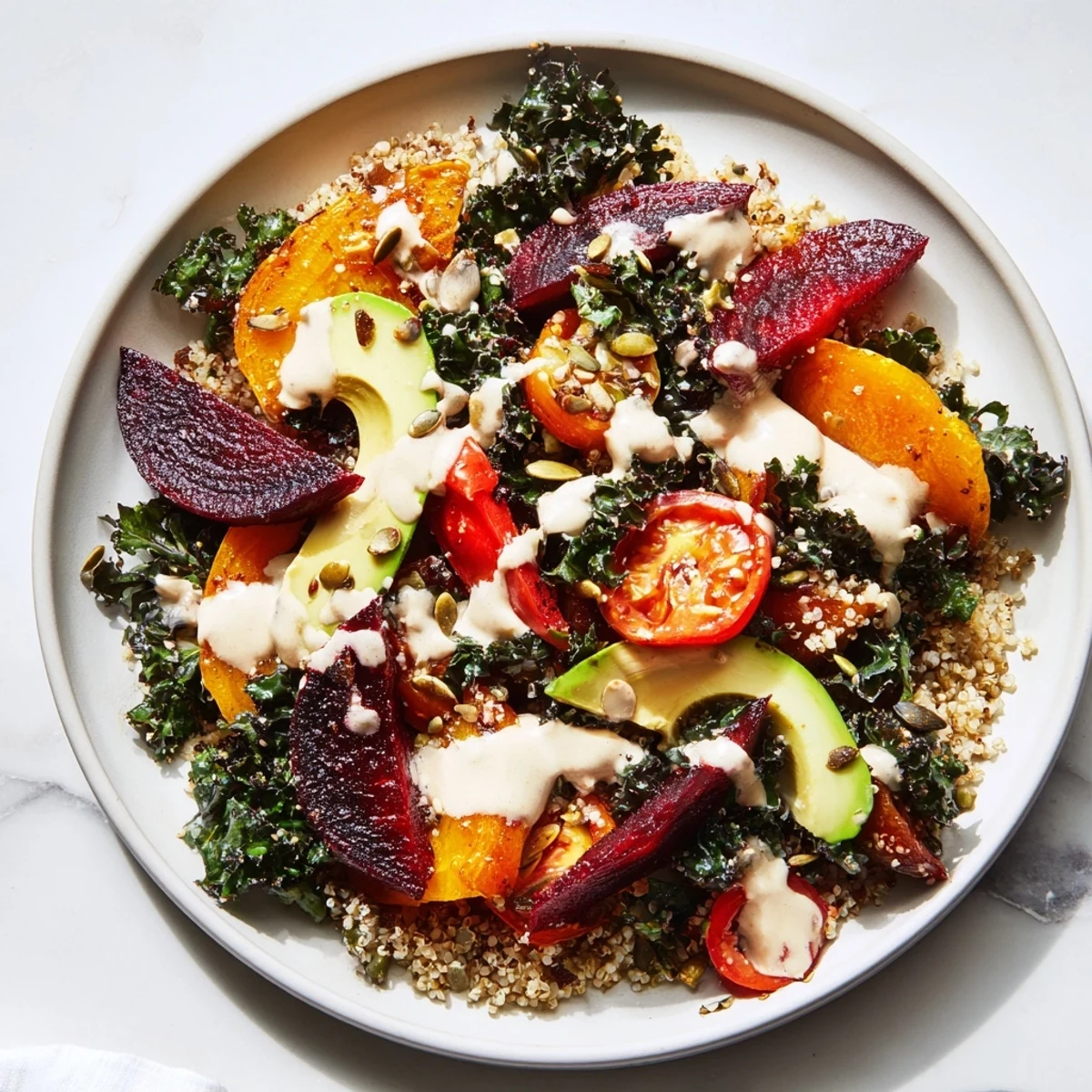 A stunning, flavorful Quinoa, Kale & Roasted Beet Bowl, featuring colorful roasted beets and creamy tahini dressing.