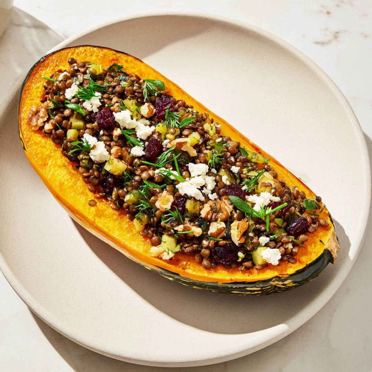 Warm, tender Lentil & Walnut Stuffed Acorn Squash, perfect for a cozy fall supper.