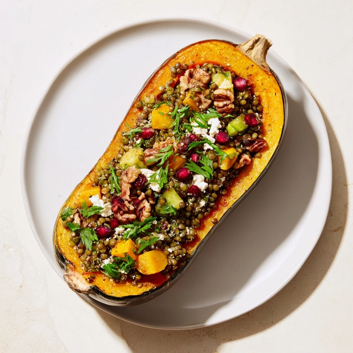 Golden Lentil & Walnut Stuffed Acorn Squash, a vibrant vegetarian dish, ready to eat.