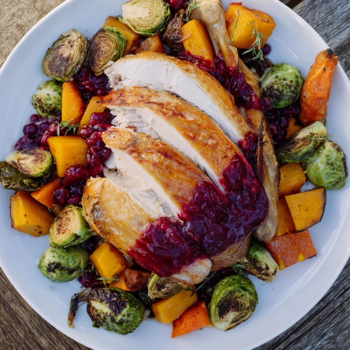 Sheet-pan roasted turkey breast with glistening cranberry glaze and tender winter veggies.